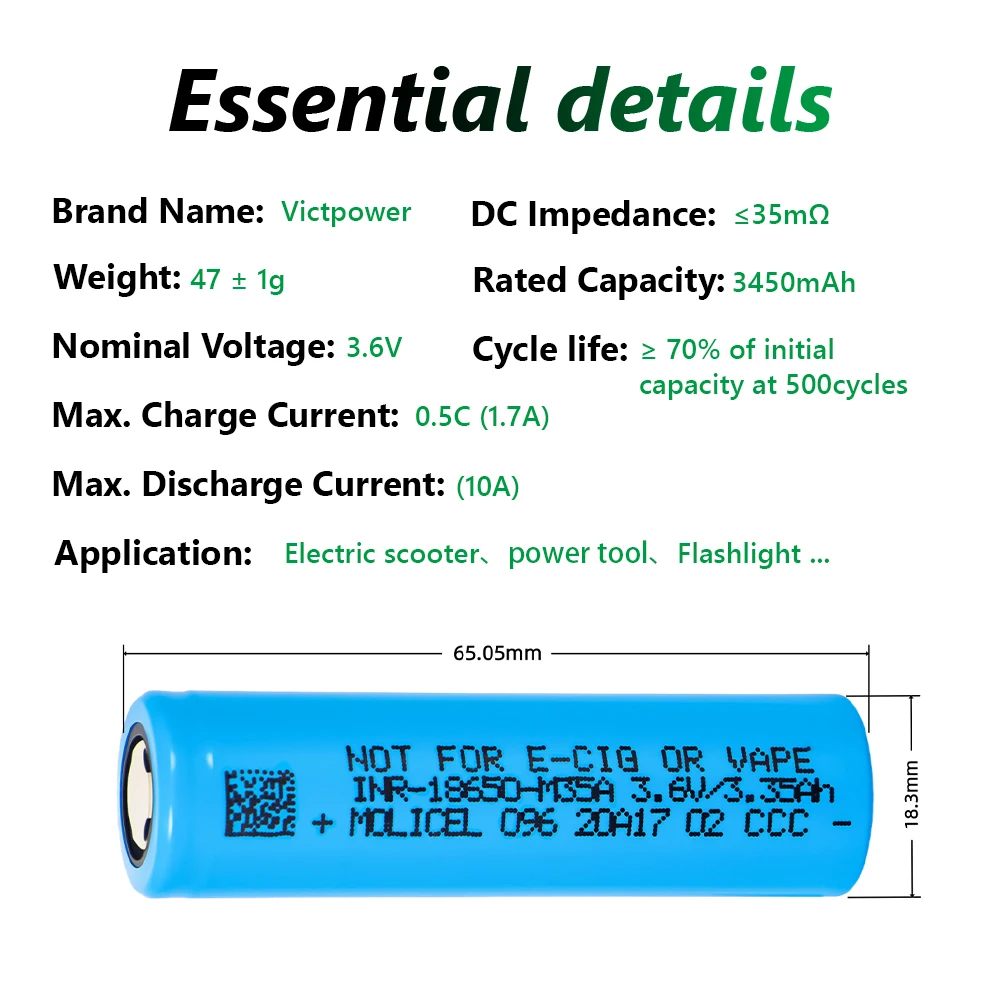 Wholesale 4.2V 3500mAh Molicel INR18650 M35A 10A Lithium Rechargeable Batteries 18650 with 800 Cycles for E-bike Electric Power