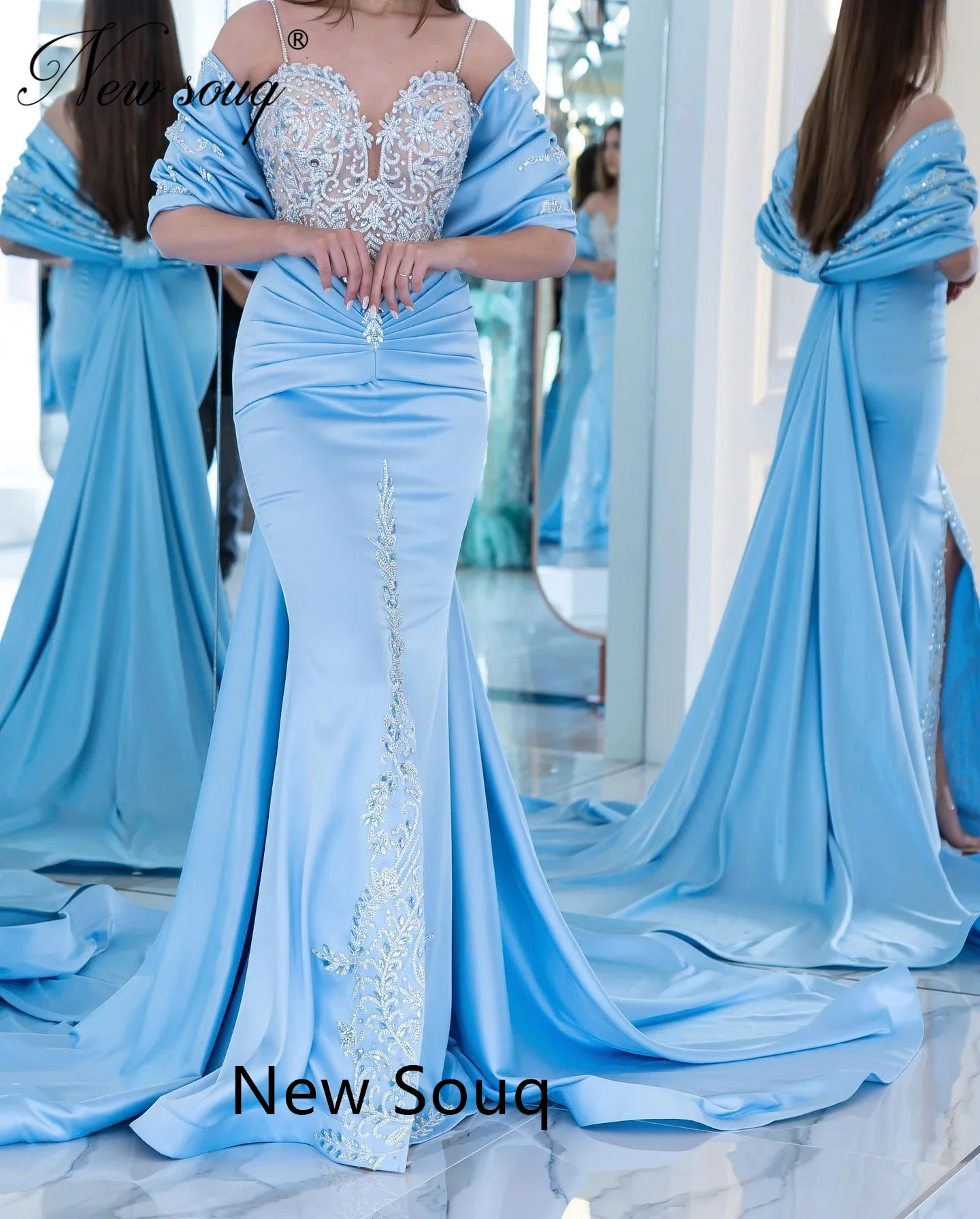 Robe de Rhsirène avec bretelles spaghetti pour femme, robe de soirée élégante, robe de Dubaï personnalisée, bleu, fête de mariage, 2023