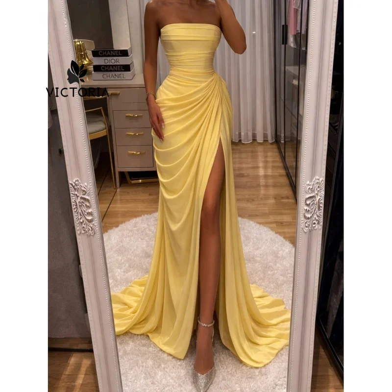 Vestido de fiesta amarillo limón sin tirantes personalizado con corpiño de jersey fruncido y drapeado, abertura alta y largo hasta el suelo, vestidos personalizados.