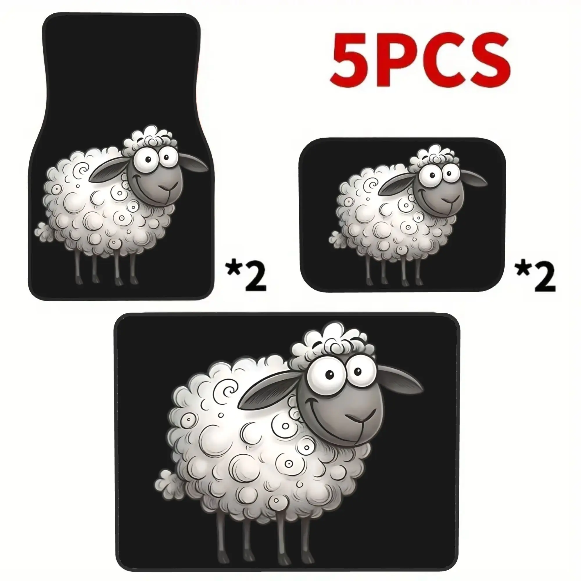 2D Flat Printing 5pcs Cartoon Curly Sheep Printed Car Mats Set (4 Floor Mats And 1 Trunk Mat), Made Of Durable Polyester Fabric