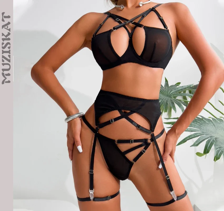 

MUZISKAT 2023 Fashion Women's Cross Gathering Ultra Thin Mesh Sexy Hollow Out Erotic Lingerie 4 Piece Set Onlyfans