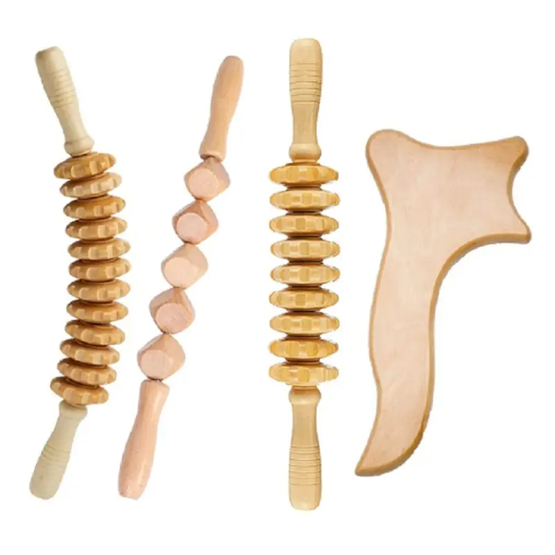 [N84R] 4Pcs/Set Wood Therapy Massage Tools for Body Shaping,Fascia Lymphatic Drainage Massager Body Roller Therapy
