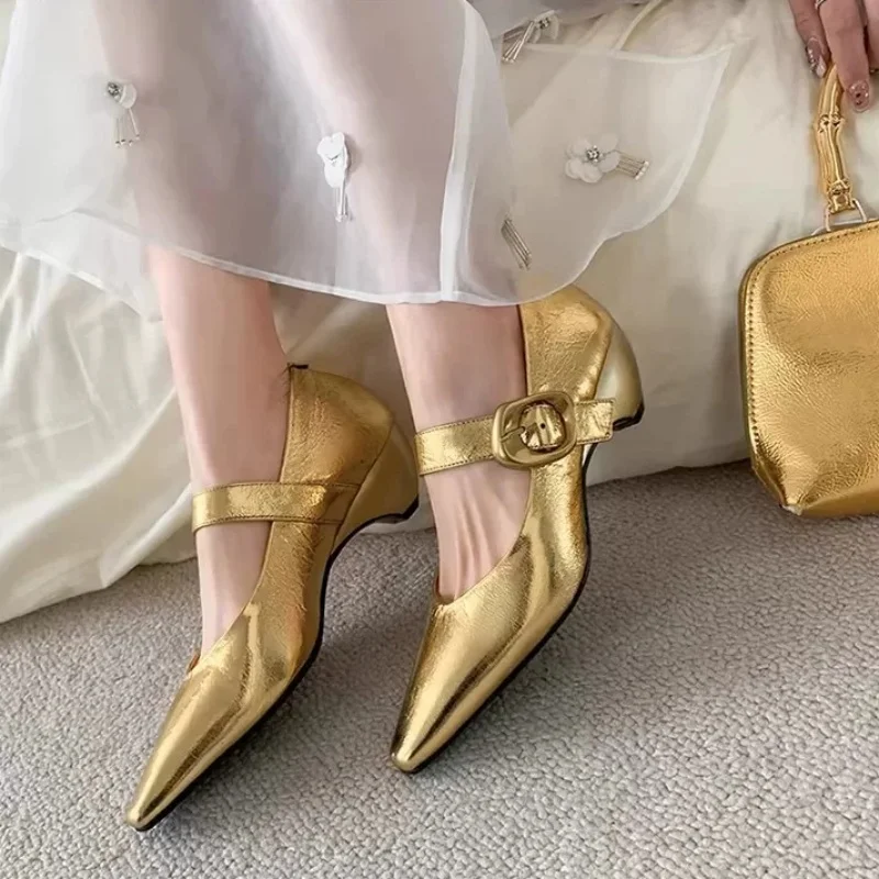 Women Shoes Pointed Toe Soft Leather Mary Jane Shoes Retro High Heels Slope Heel Single Shoes Buckle Decorations Summer Autumn