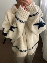 Freizeit faulen Wind Herbst Winter Pullover Kontrast Revers lose Version der Stern Mond Muster gedruckt Pullover Strickjacke gepolsterten Mantel