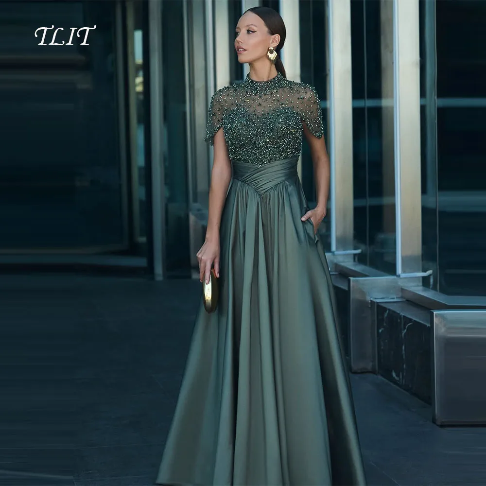 TLIT Elegante dunkelgrüne A-Linie-Abendkleider aus Seidensatin, maßgeschneidert, kurze Ärmel, O-Ausschnitt mit Kristallen, Ballkleider