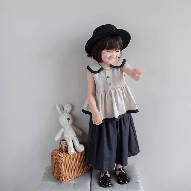 Summer Baby and Girls Cotton Sweet Plain Sleeveless Lapel Shirt Tops+Loose Pant Sets Kids 2PCS Tracksuit Children Outfits  987