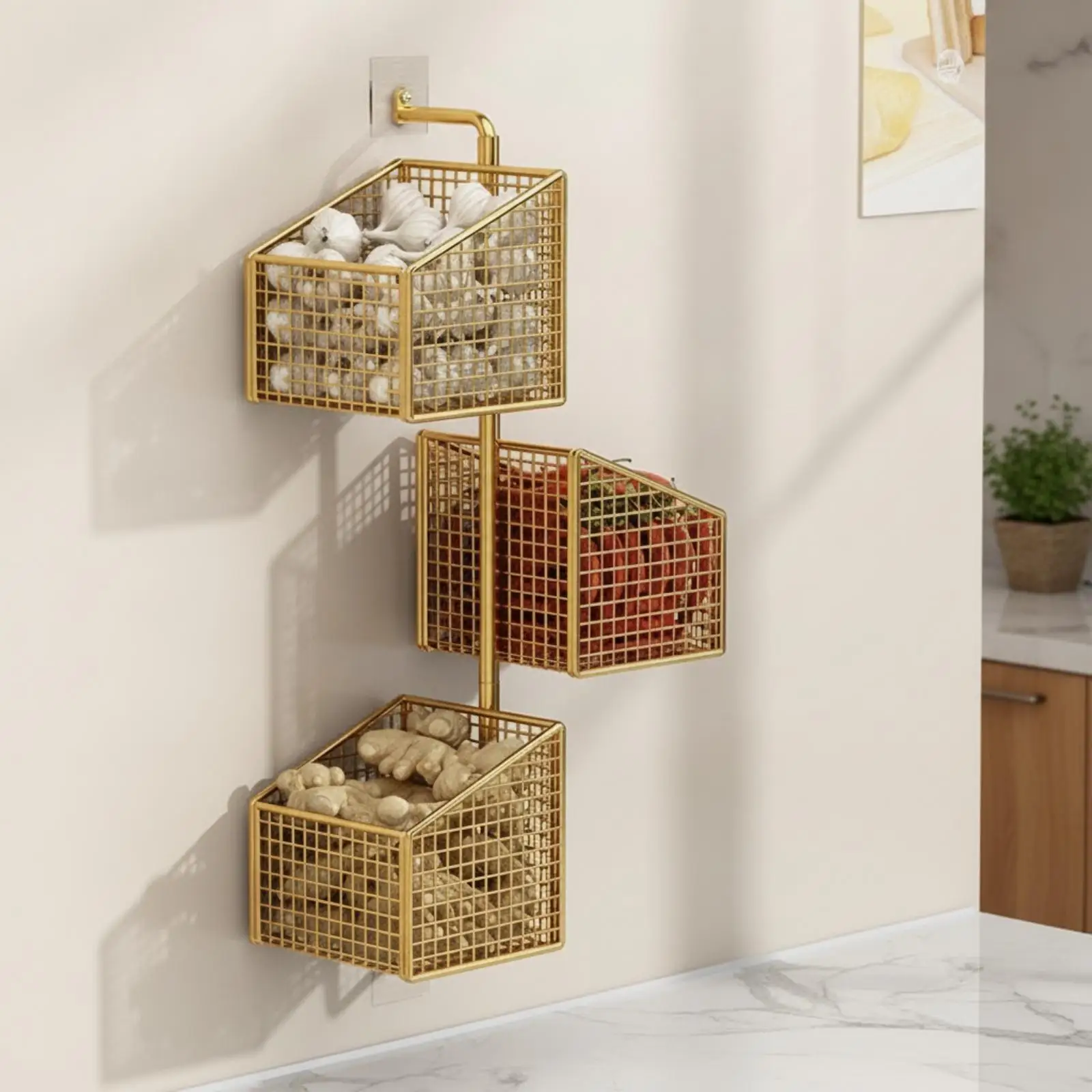 Wall Mounted Spice Rack Metal Swivel Kitchen Organizer for Garlic Ginger Onion Storage Basket with Ventilated Wire Design