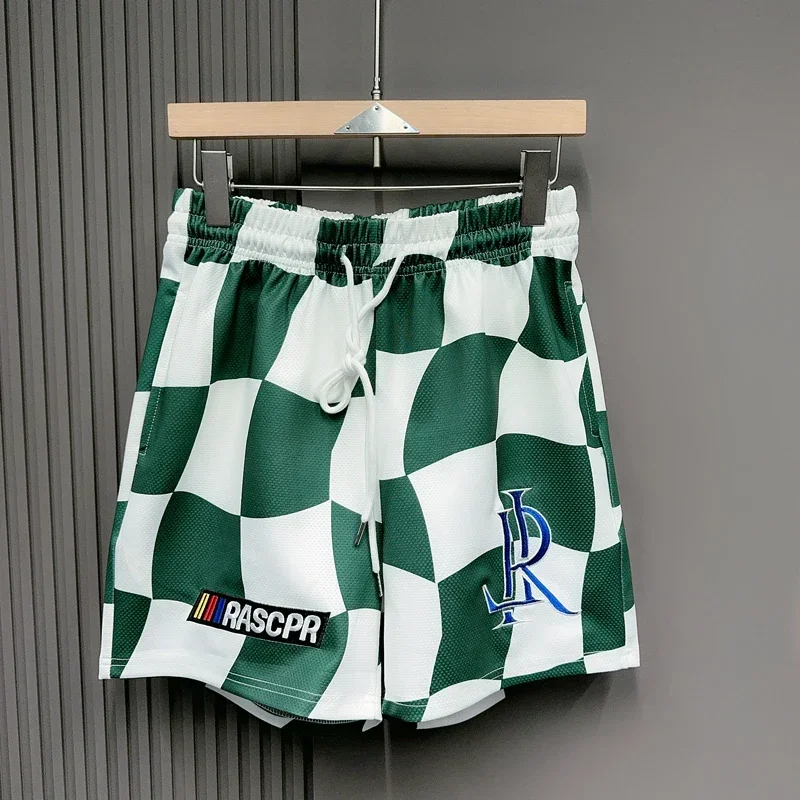 Checkered Mesh Polyester Shorts Black Green Orange Men Women Summer Breathable Loose Casual Drawstring Sports Shortpants