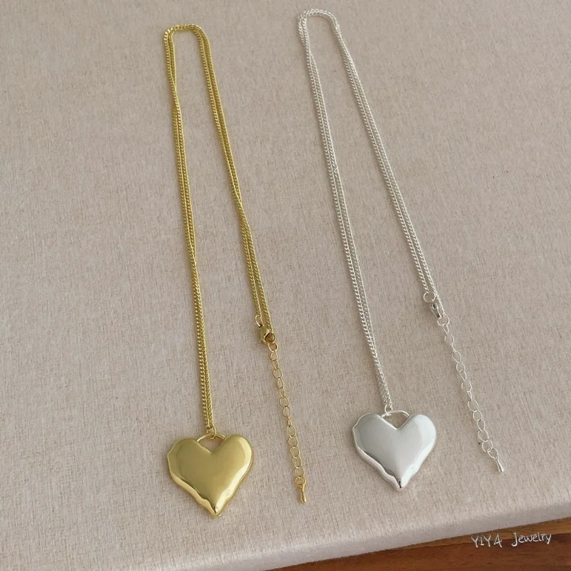 

Minar Minimalist Smooth Surface Metallic Love Heart Pendant Necklaces for Women Gold Silver Plated Long Sweater Chain Wholesale