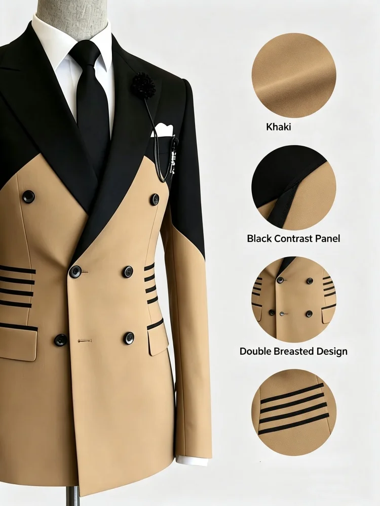 Men Casual Business Blazer Slim Fit Color Block Double Breasted Peak Lapel Waist Striped Formal Wedding Groom Party Jacket