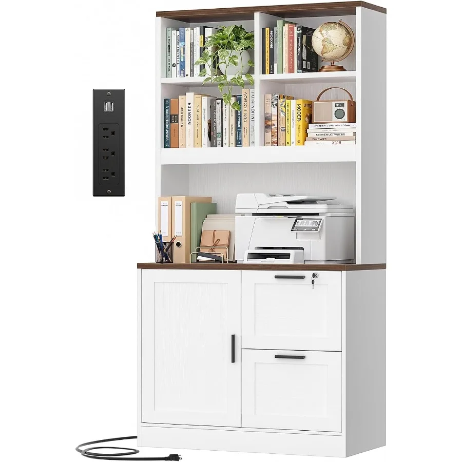 Vertical File Cabinet Bookcase With Printer Stand And Charging Station For Office Use, Steel Construction, Matte Black Finish,