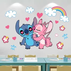 Pegatinas de pared de arcoíris de Lilo & Stitch de dibujos animados para habitación de niños, guardería, sala de estar, dormitorio, decoración de pared, póster animado