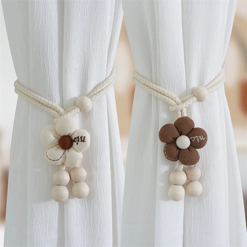 10pcs Ins Flower Curtain Tiebacks Buckle Adjustable Curtains Tieback Straps Wood Beads Rope Tassels Hanging Home Decor Curtain