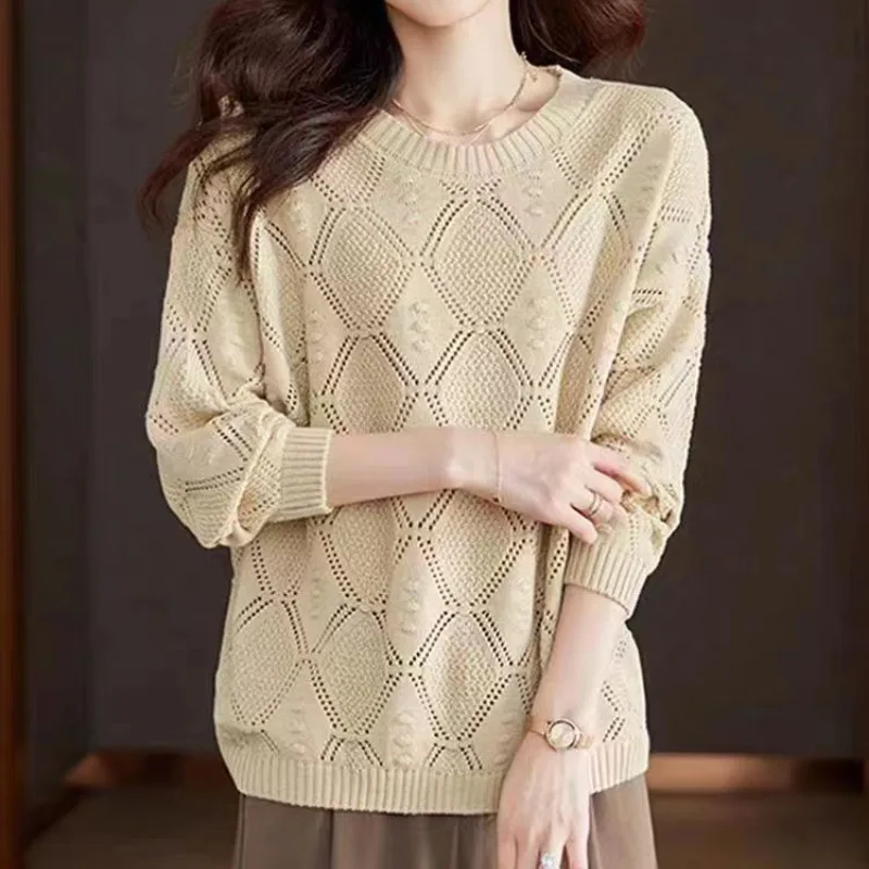 2024 Women\'s Spring and Autumn New Fashion Round Neck Solid Hollow Out Knitted Sweater Loose Long Sleeve Pullover Versatile Tops