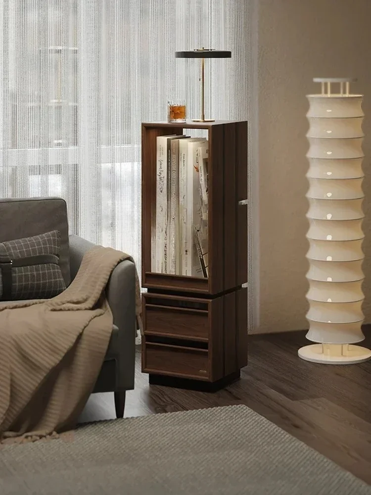 A  Solid Wood Rotating Bookshelf 360 Black Walnut Floor Bookcase Living Room Wine Cabinet Storage Shelf Display Magazine Rac