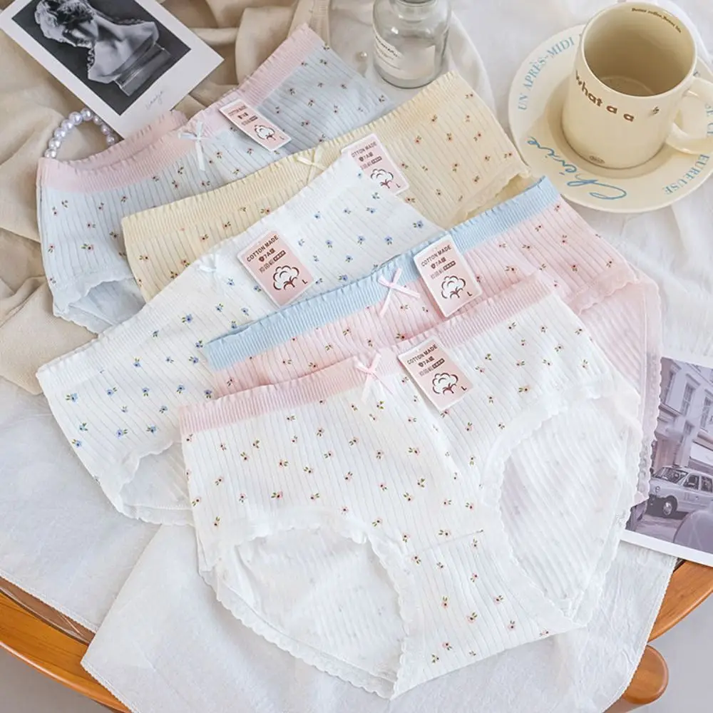 

5Pcs Soft Bowknot Lace Flower Panties Mid Waist Underpants Sweet Floral Briefs Lingerie Cotton Crotch Underwear for Women Girl