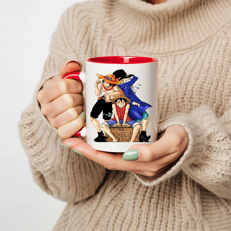 11oz Anime ONE PIECE Creative Cartoon Luffy Ceramic Mug ACE Sabo High-value Cute Kawaii Office Coffee Milk Tea Cup Gift Male