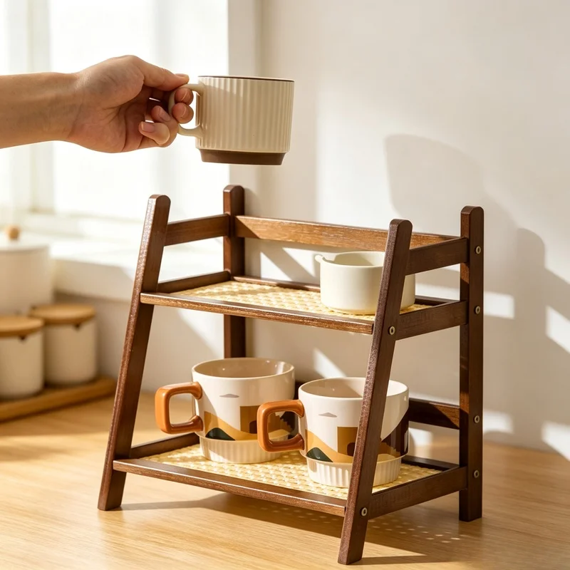 Natural Bamboo 2-Tier Storage Rack, Countertop Organizer for Coffee Mugs Cosmetics, Kitchen & Bathroom Vanity Holder
