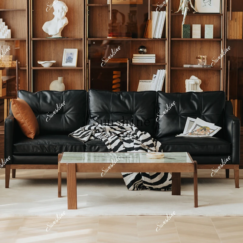 Living room single/three people first layer oil wax leather black medieval large sofa size apartment  FT