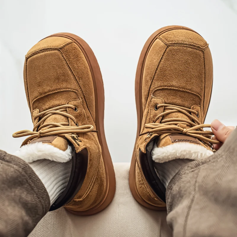 

Men's Camel Colored Round Toe Boots with Raised Snow and Plush Cotton Boots