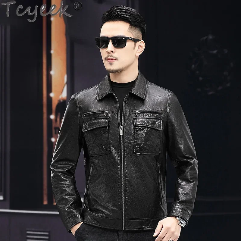 Tcyeek Oil Wax Real Leather Jacket Men Top Layer cowhide Coat Spring Autumn Clothes Men's Motocycle Jackets Jaqueta de Couro