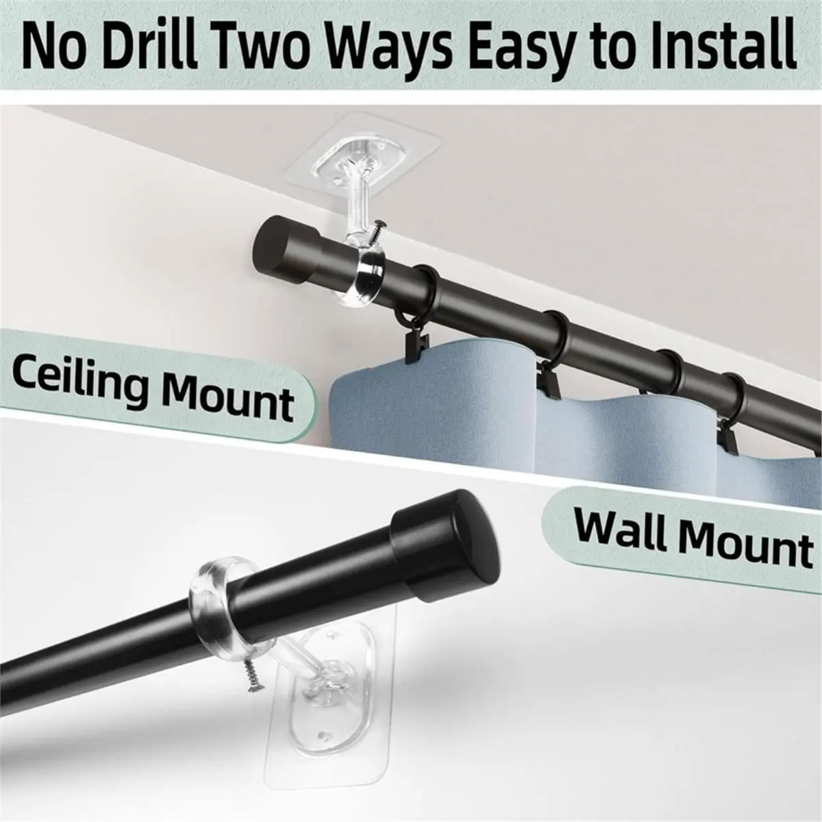 newA10R 8 Pcs Ceiling Mount Curtain Rod Brackets, Adhesive Curtain Rod Holders No Drilling, Adjustable Curtain Rod Hooks Clear