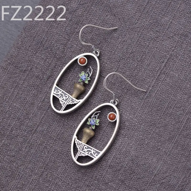 Earrings S925 Silver Retro Fashion Flower Arrangement Guanyin Bottle Antique Style