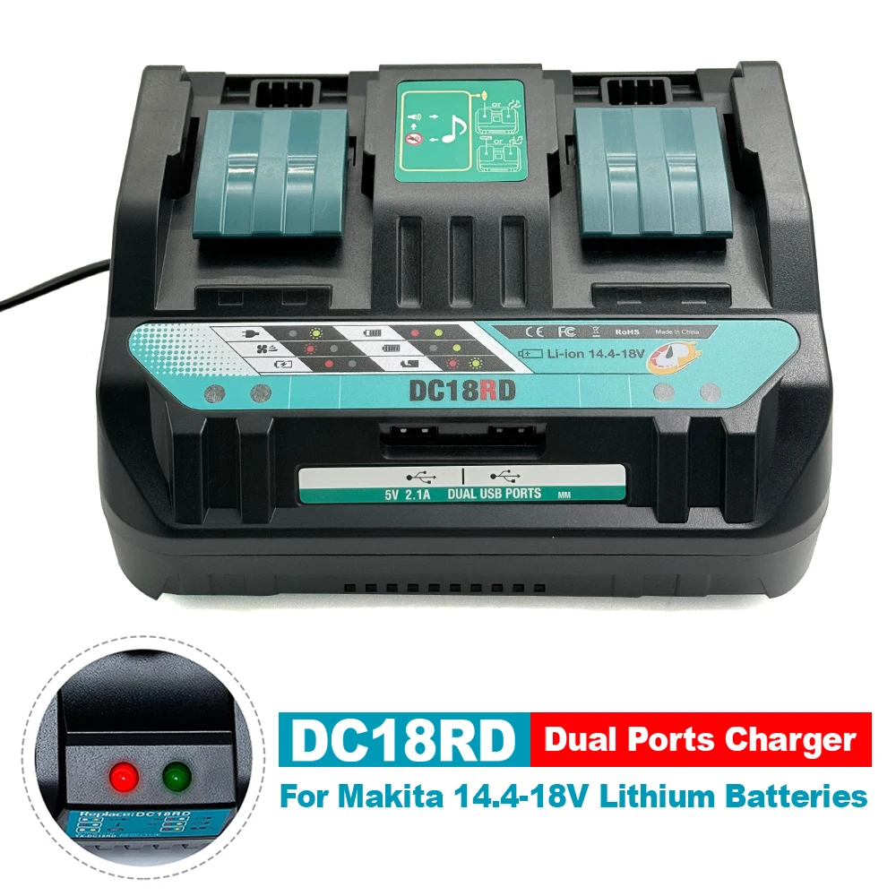 

18V DC18RD Dual-Port Battery Charger Lithium Battery Rapid Charger Compatible with For Makita 14.4-18V Lithium Batteries BL1415