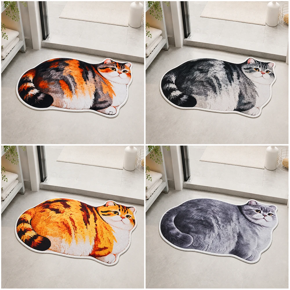 40*60cm Cute Cat Crystal Velvet Floor Mat Russian Blue Ginger Cat Bedroom Door Small Rug Abrasion-resistant Water-absorbing