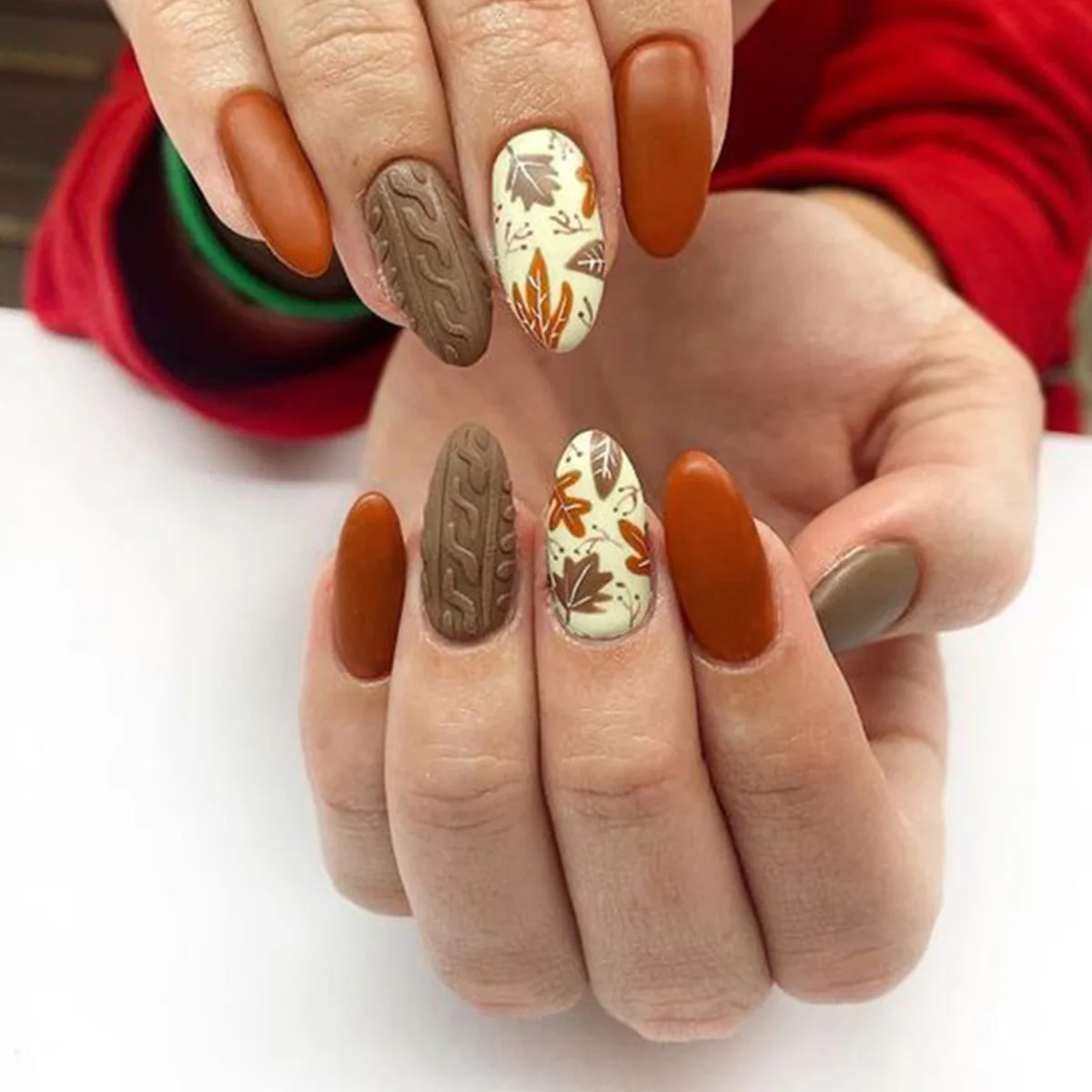 

Ins Style Nail Art Pieces Maple Leaf Color Blocking Thanksgiving Detachable Wearable Nail Almond Nail Finished Product