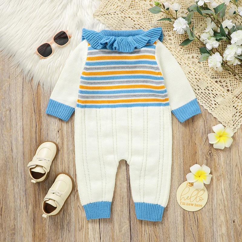 Baby Rompers Knitted Newborn Girl Boy Jumpsuit Long Sleeve Warm Fall Infant Kid Clothes 0-18M Cute Star Rainbow Striped Overalls