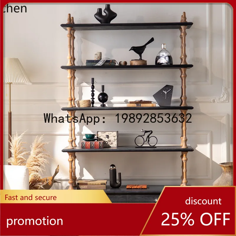 

YFY Living Room Vintage Storage Display Rack No Knot Pine Bedroom Floor Bookshelf Multi-layer Antique Wall-mounted Storage Rack