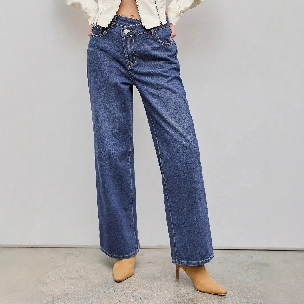 

Women Jeans Solid Straight Pants Pockets Button Zipper Floor Length Trousers Splice Casual Streetwear Denim Pant Autumn 2026