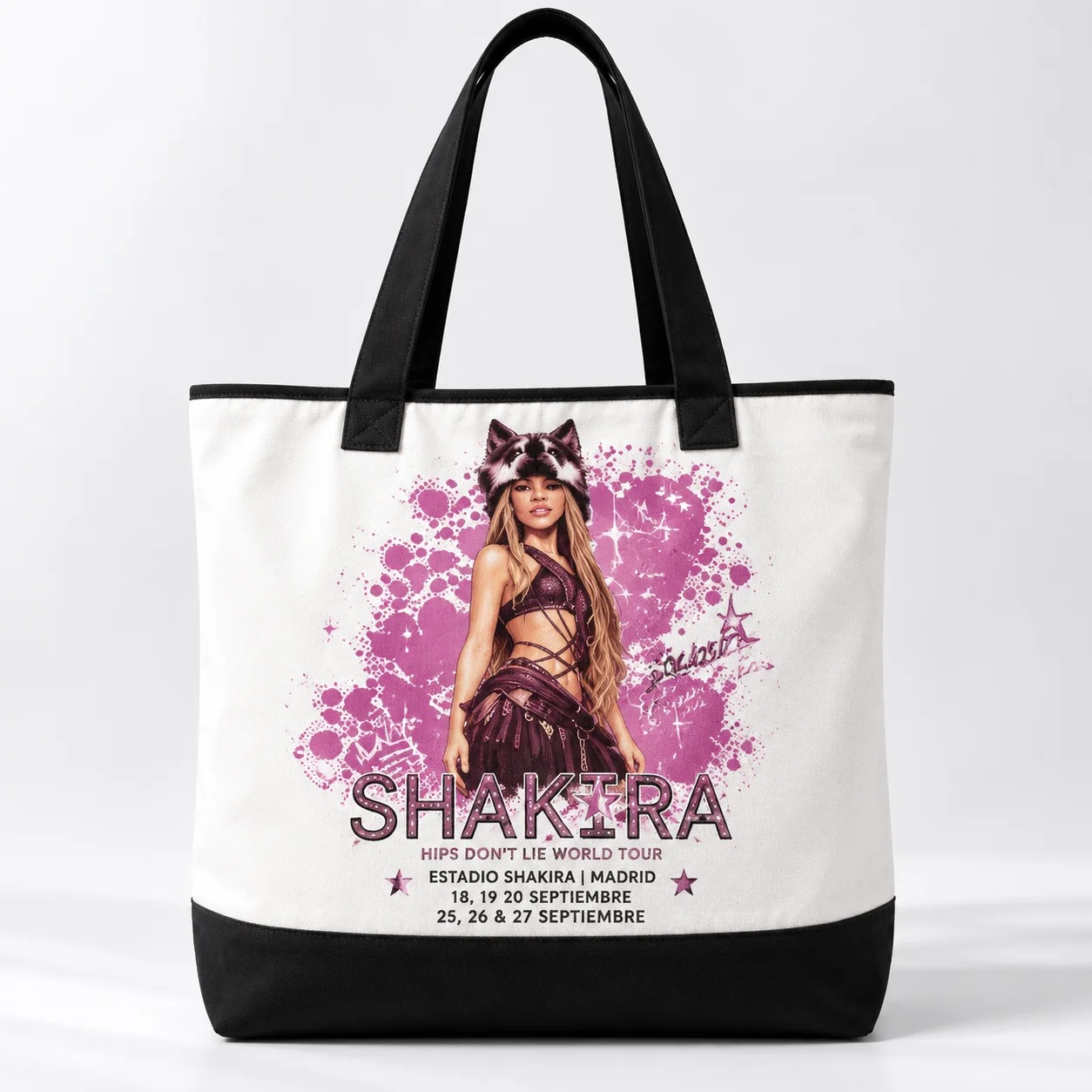 Retro Music Tour Canvas Tote Bag, Pink Splash Pop Singer Concert Poster Print Black Trim Large Capacity Handbag Shopping Bag