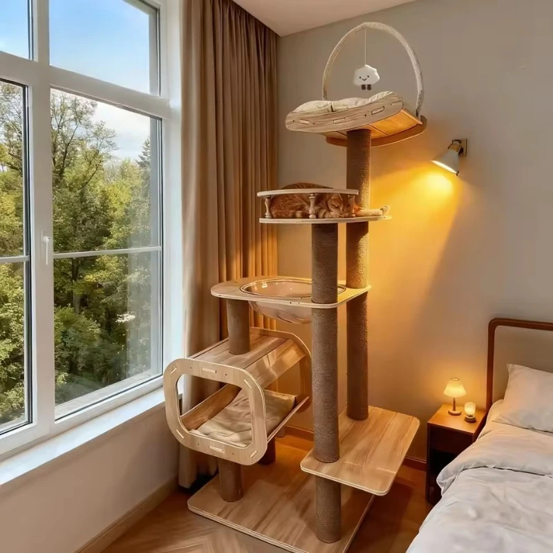 

Multi-Layer Solid Wood Board Modern Cat Climbing Tree with Sisal Cat Toy and Integrated Space Capsule Design