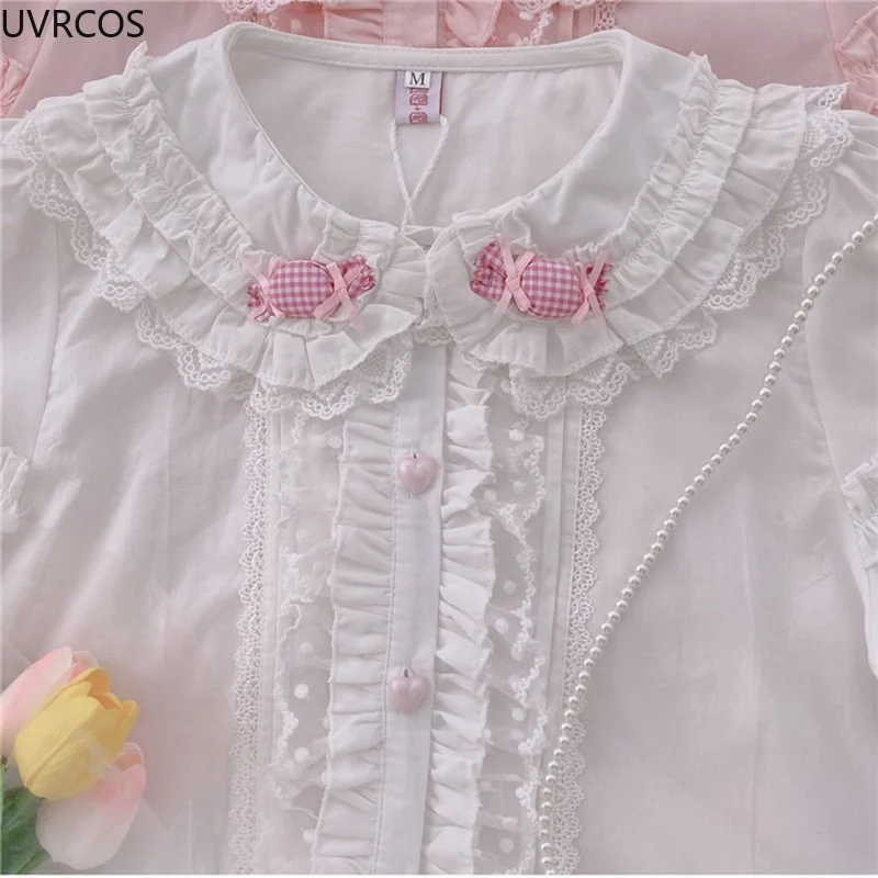 Japanese Lolita Style Blouse Women Kawaii Peter Pan Collar White Pink Blue Candy Blusas Girls Summer Lace Puff Sleeve Shirts Top