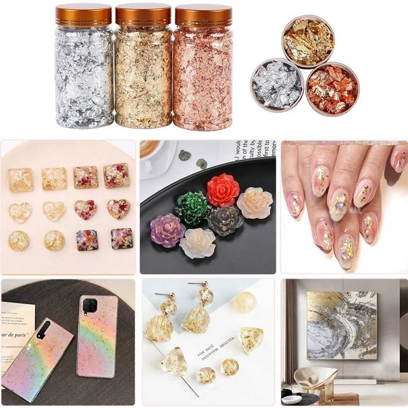 Gold Foil Flakes For Resin Tray Molds,6 Bottles Metallic Foil Flakes For Painting Arts And Crafts,Nail Art image 3