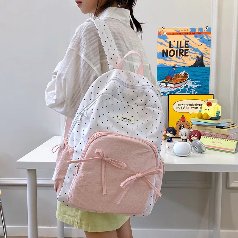 Student Backpack, Female Junior High School Student, High Looks Bow, Girl's Backpack, Lightweight Campus Backpack Large Capacity