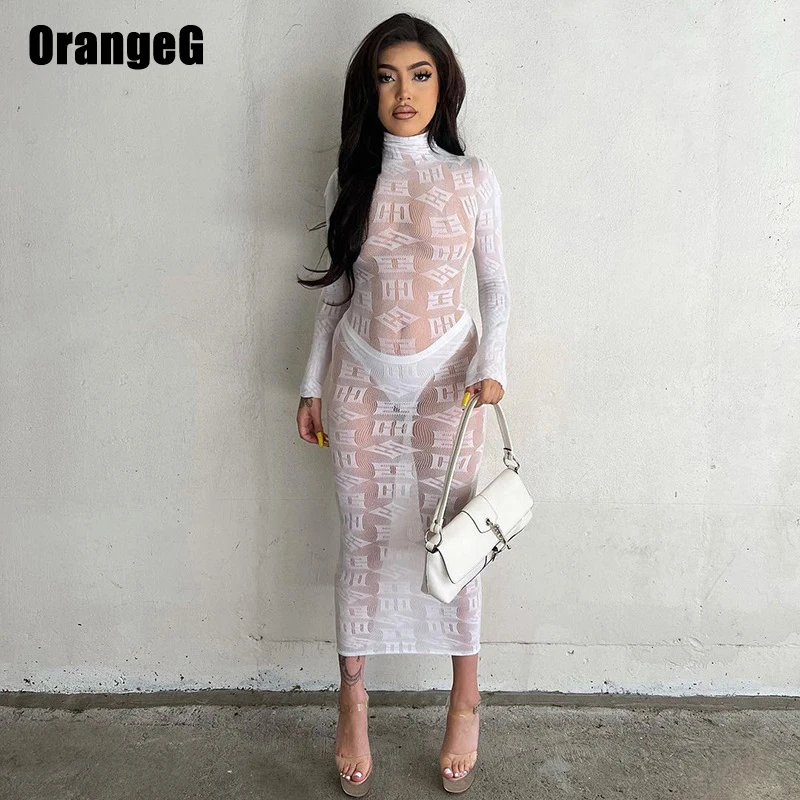 Orange transparente Brief druck Bleistift kleid lange Frauen Rundhals ausschnitt Bodycon dehnbar schiere 2024 heiße Outfit Clubwear weiß