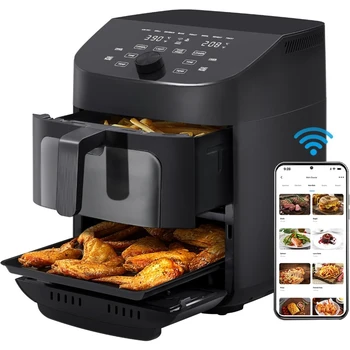 Image Air Fryer, Dual Basket Air Fryer Oven, 11 Quart 8 in 1 Functions, Wi-Fi Connectivity, 50+ App Recipes, Black, Air Fryer