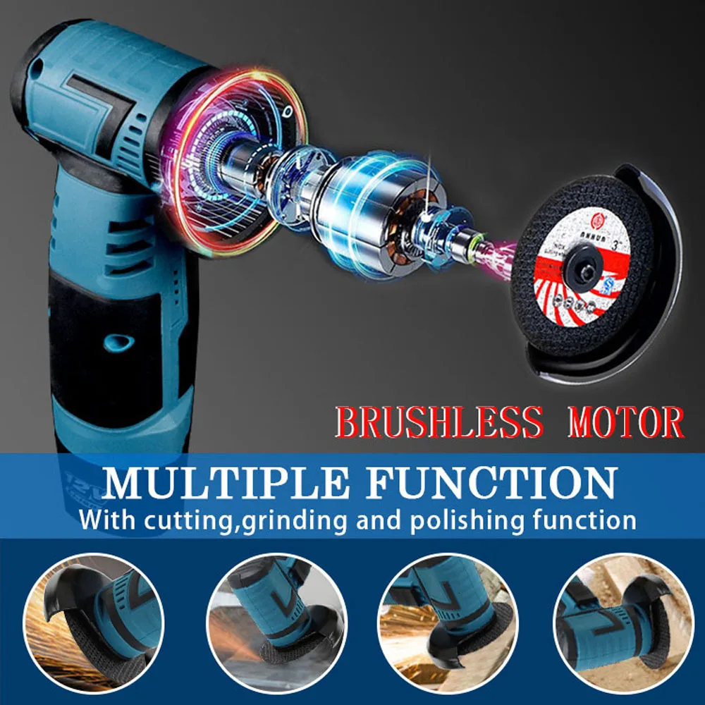 12V 500W Brushless Angle Grinder with Rechargeable Battery Cordless Electric Grinding Polishing Machine Diamond Cutting Polisher