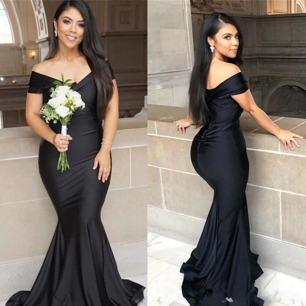 Vestidos De Fiesta De Noche negros sexys con cuello en V, satén con hombros descubiertos, sirena, elegantes vestidos formales para fiesta De graduación, Vestido De Noche personalizado