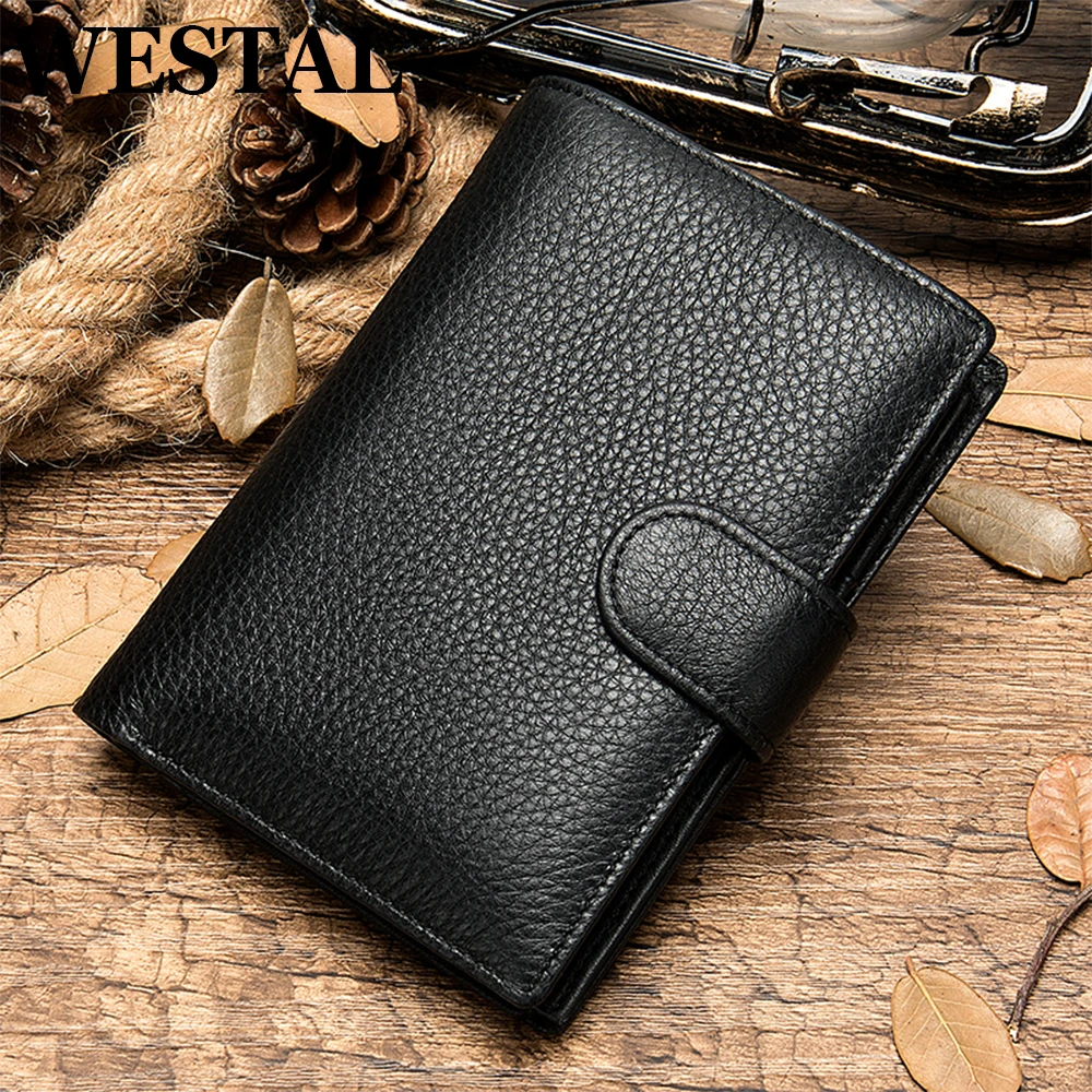 WESTAL Genuine Leather Bi-fold Short Buckle Men's Wallet Bi-fold Vertical Multi-card Slot Ticket Holder ID Bag