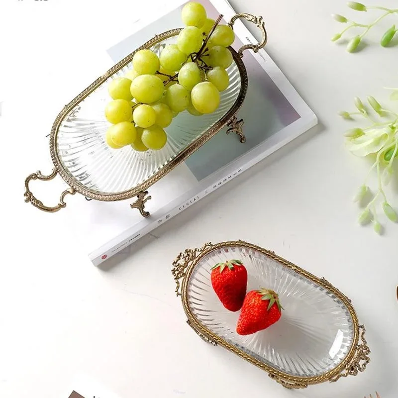 

Handmade Brass Glass Storage Tray High-grade Jewelry Tray Living Room Coffee Table Snack Plate Creative Light Luxury Ornaments