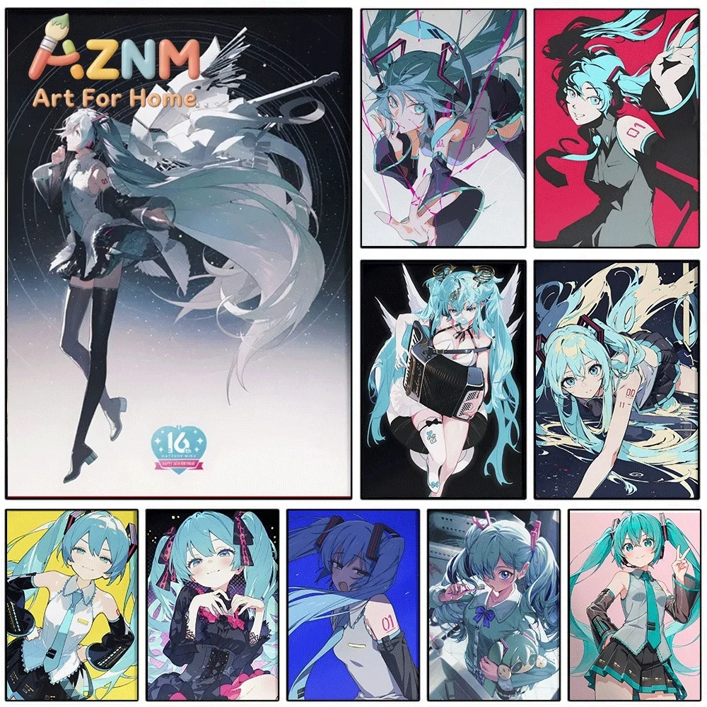 Hatsune Miku 16th Anniversary Dark Artistic Angel Collage Canvas Painting Unframed Anime Vocaloid Wall Art Poster for Bedroom