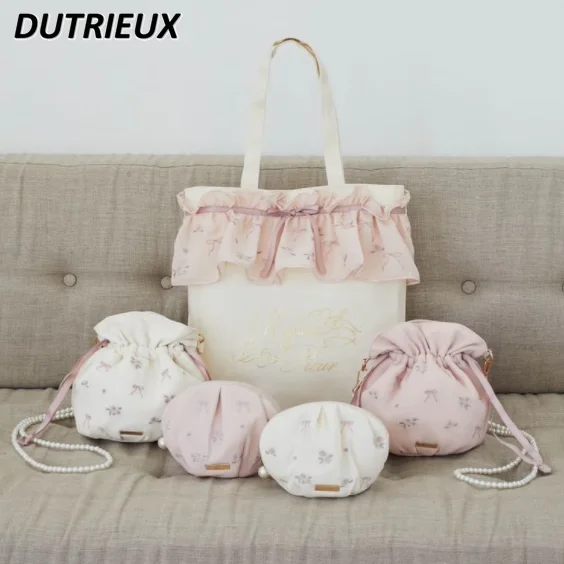 

2025 New French Japanese Style Ladies Hand Bag Rose Ribbon Embroidered Canvas Tote Bags Fashion Casual Women's Handbags