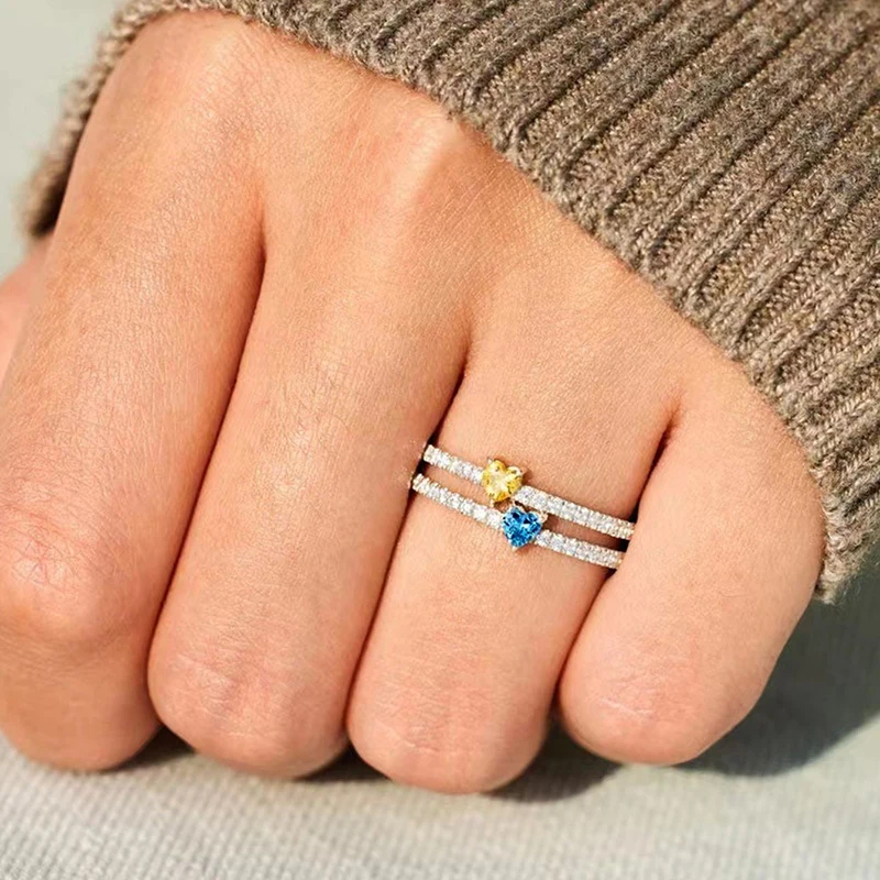 Huian Exquisite Yellow/Blue Heart CZ Women Rings for Wedding New Trendy Accessories Dazzling Female Rings Fashion Love Jewelry