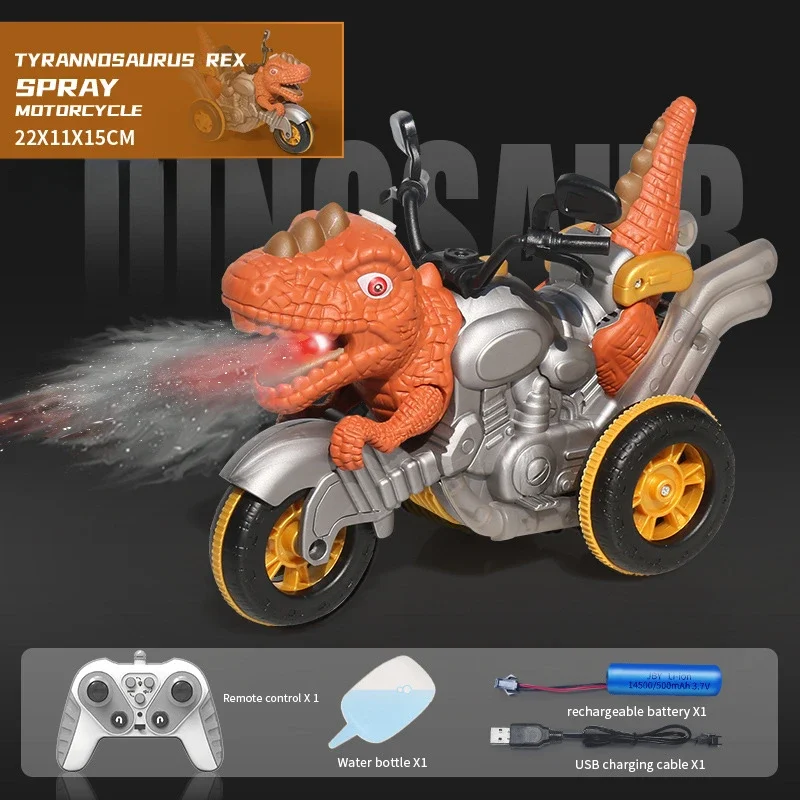 2.4G RC Spray Dinosaur Stunt Car with Lights Tyrannosaurus Rex Motorcycle, Steam Spray, Cool Lights & Sound, 360° Rotation