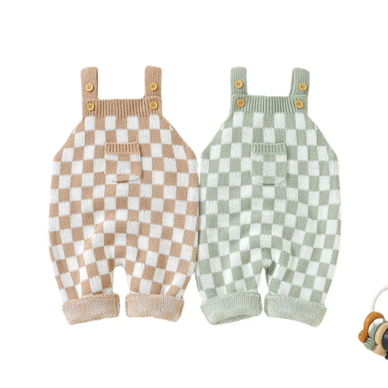 2025 Autumn Newborn Baby Knitted Suspender Romper Overalls Soft Checkerboard Versatile Design Baby Boys Girls Jumpsuits