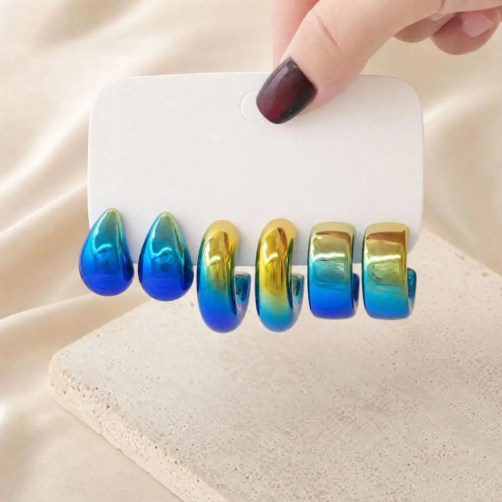 3Pairs Gradient Teardrop Hoop Earrings Set, Chunky C Shaped Drop Earrings, Glossy Fashion Jewelry for Women